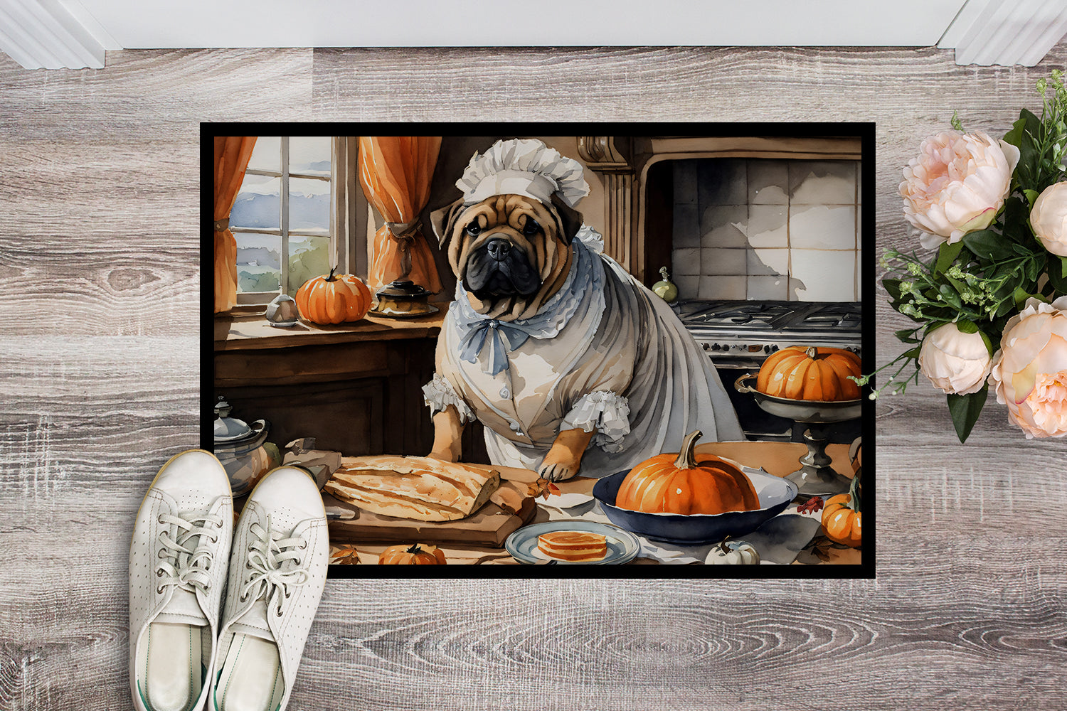 Shar Pei Fall Kitchen Pumpkins Doormat Indoor Outdoor 24H X 36W Front Door Mat Rugs for Entryway, Non Slip Washable Low Pile,
