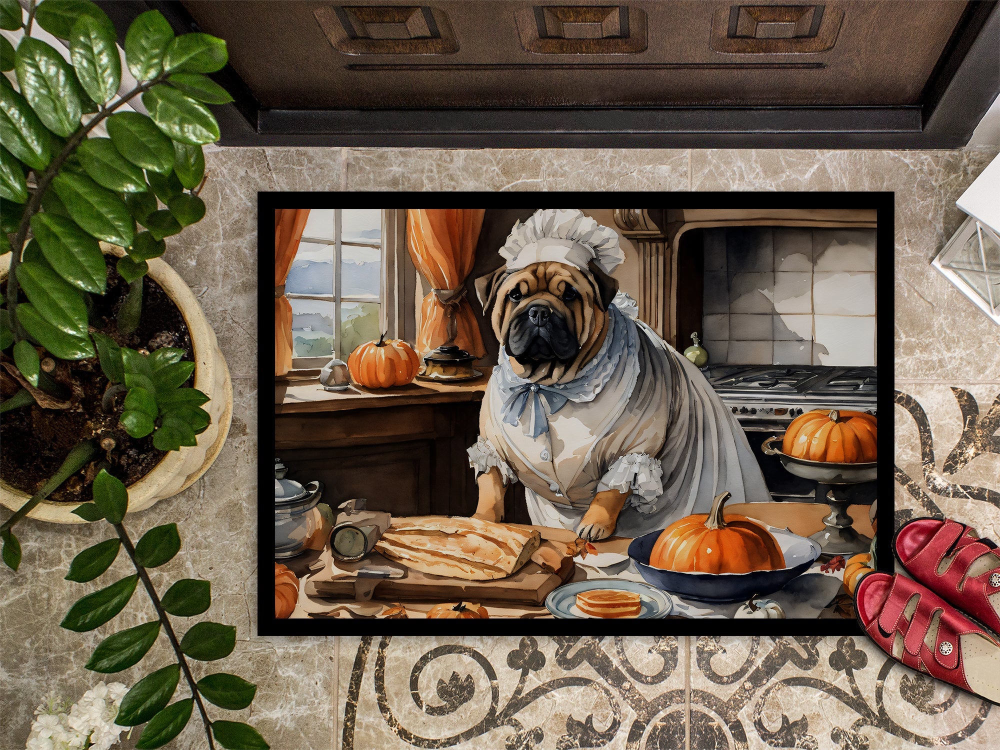 Shar Pei Fall Kitchen Pumpkins Doormat Indoor Outdoor 24H X 36W Front Door Mat Rugs for Entryway, Non Slip Washable Low Pile,