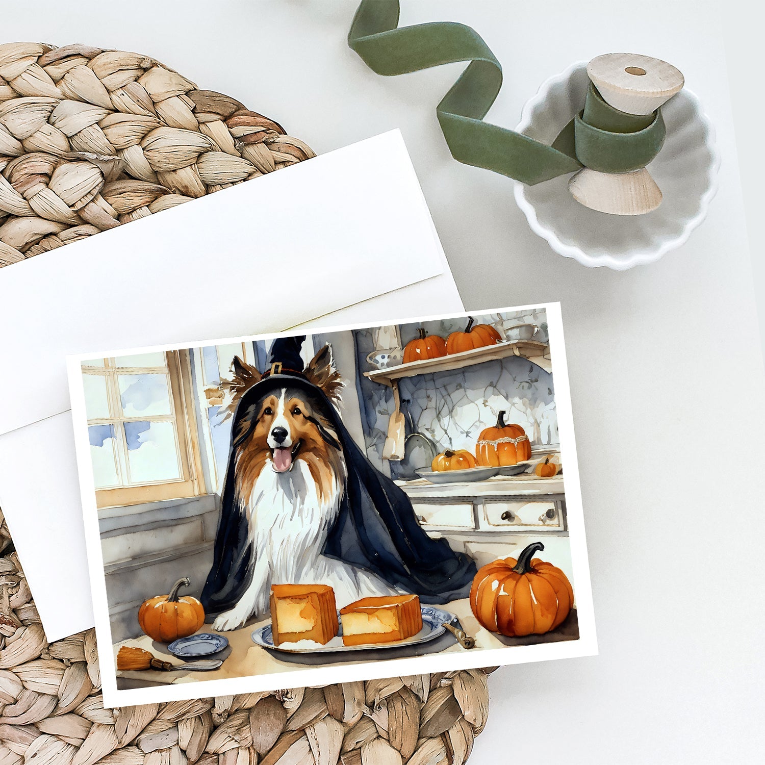 Sheltie Fall Kitchen Pumpkins Greeting Cards Pack of 8 Blank Cards with Envelopes Whimsical A7 Size 5x7