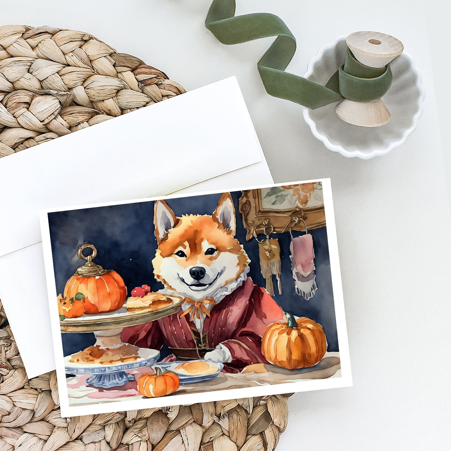 Shiba Inu Fall Kitchen Pumpkins Greeting Cards Pack of 8 Blank Cards with Envelopes Whimsical A7 Size 5x7