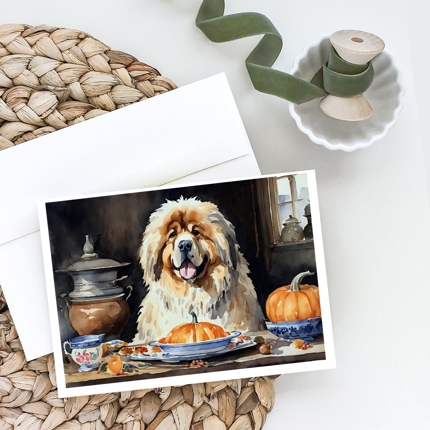 Tibetan Mastiff Fall Kitchen Pumpkins Greeting Cards Pack of 8 Blank Cards with Envelopes Whimsical A7 Size 5x7