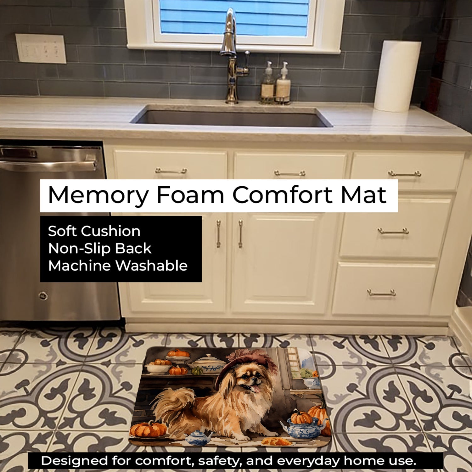 Tibetan Spaniel Fall Kitchen Pumpkins Memory Foam Kitchen Mat Machine Washable Anti-Fatigue Cushion Comfort Bath or Kitchen Rug