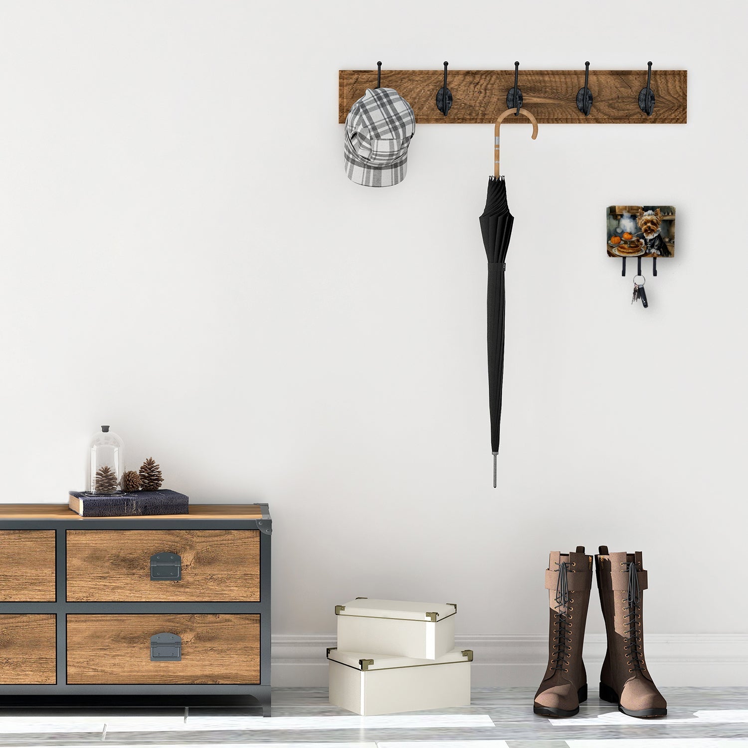 Yorkie Fall Kitchen Pumpkins Leash or Key Holder Wall Hooks, Coat Rack Wall Mount, for Hanging Keys, Towels, Aprons, Leashes