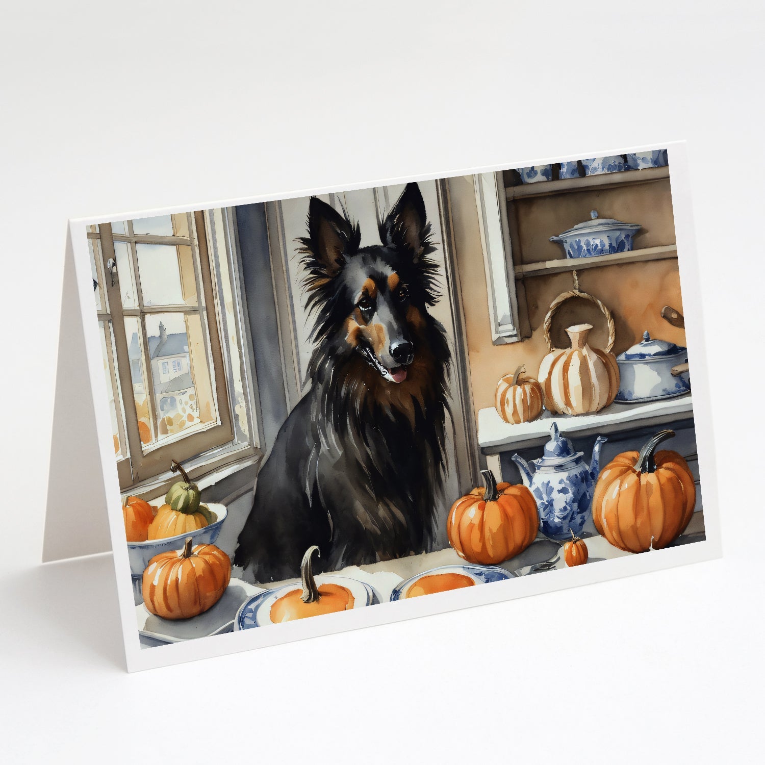 Belgian Sheepdog Fall Kitchen Pumpkins Greeting Cards Pack of 8 Blank Cards with Envelopes Whimsical A7 Size 5x7