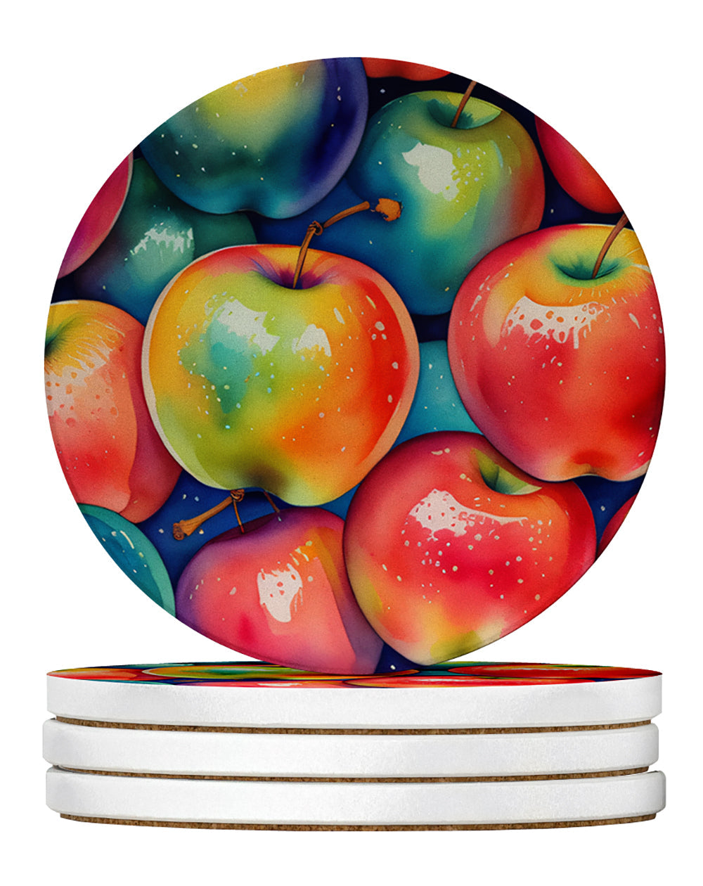 Colorful Apples Large Sandstone Coasters Pack of 4 Absorbent Round Coasters Decor Gifts for Men or Women, 4 in, Multicolor