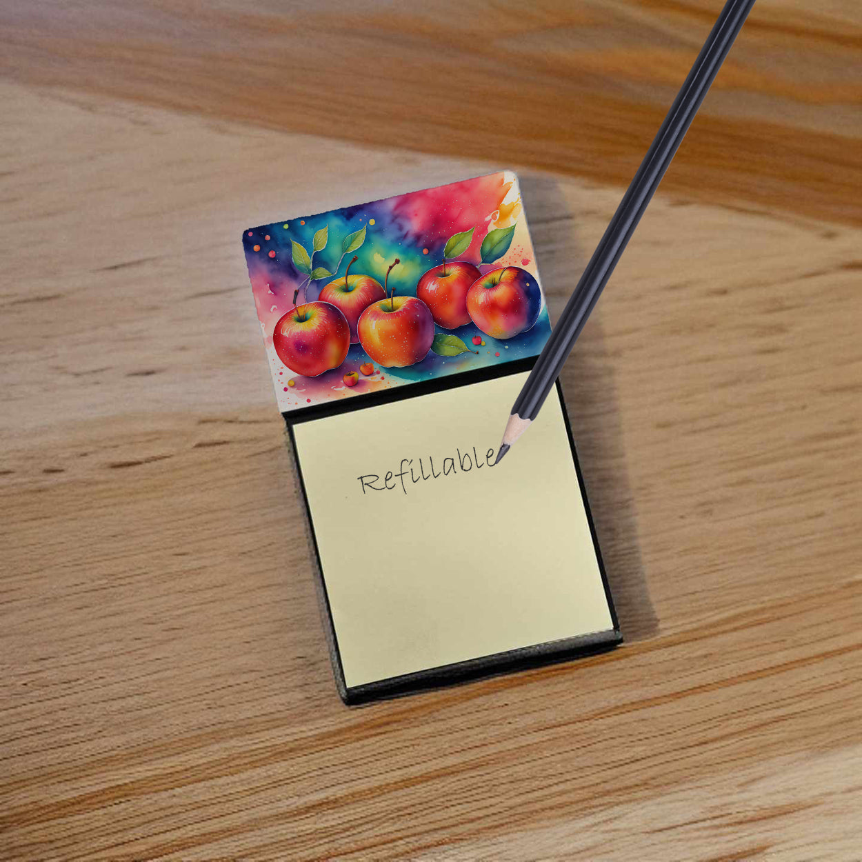 Colorful Apples Watercolor Sticky Note Holder Refillable Dispenser Desk Accessory 3x3 Pad Gift