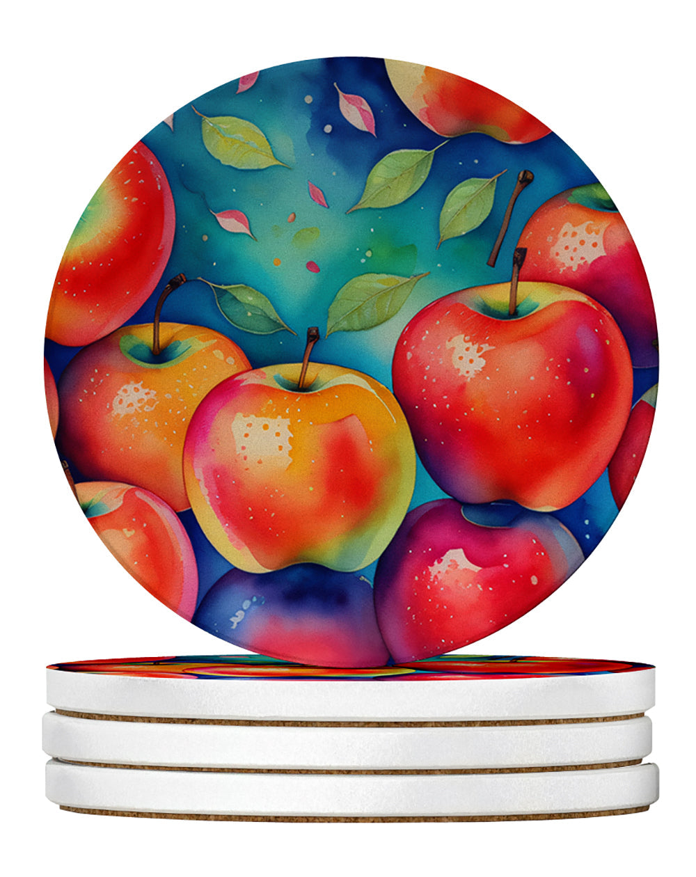 Colorful Apples Large Sandstone Coasters Pack of 4 Absorbent Round Coasters Decor Gifts for Men or Women, 4 in, Multicolor