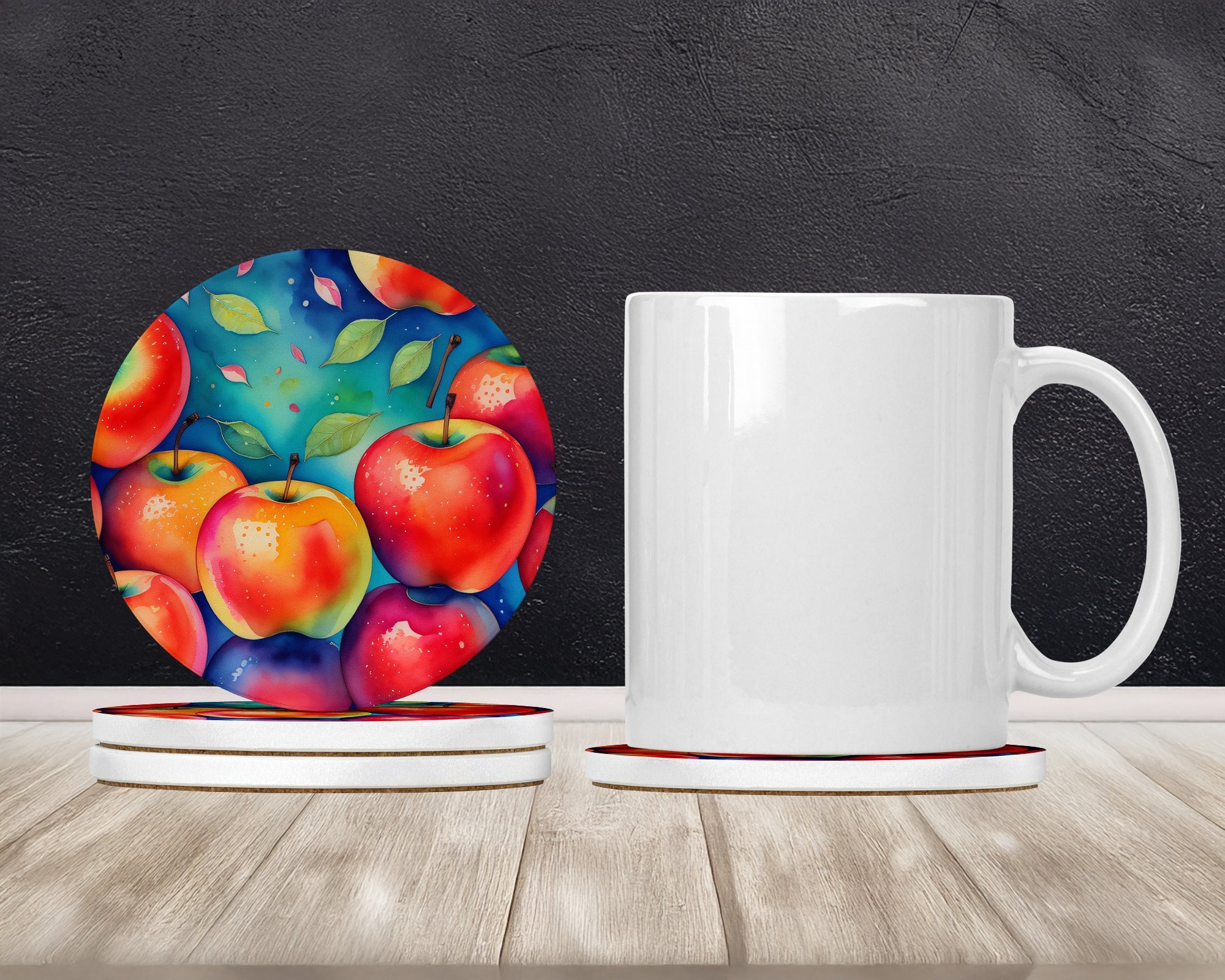 Colorful Apples Large Sandstone Coasters Pack of 4 Absorbent Round Coasters Decor Gifts for Men or Women, 4 in, Multicolor