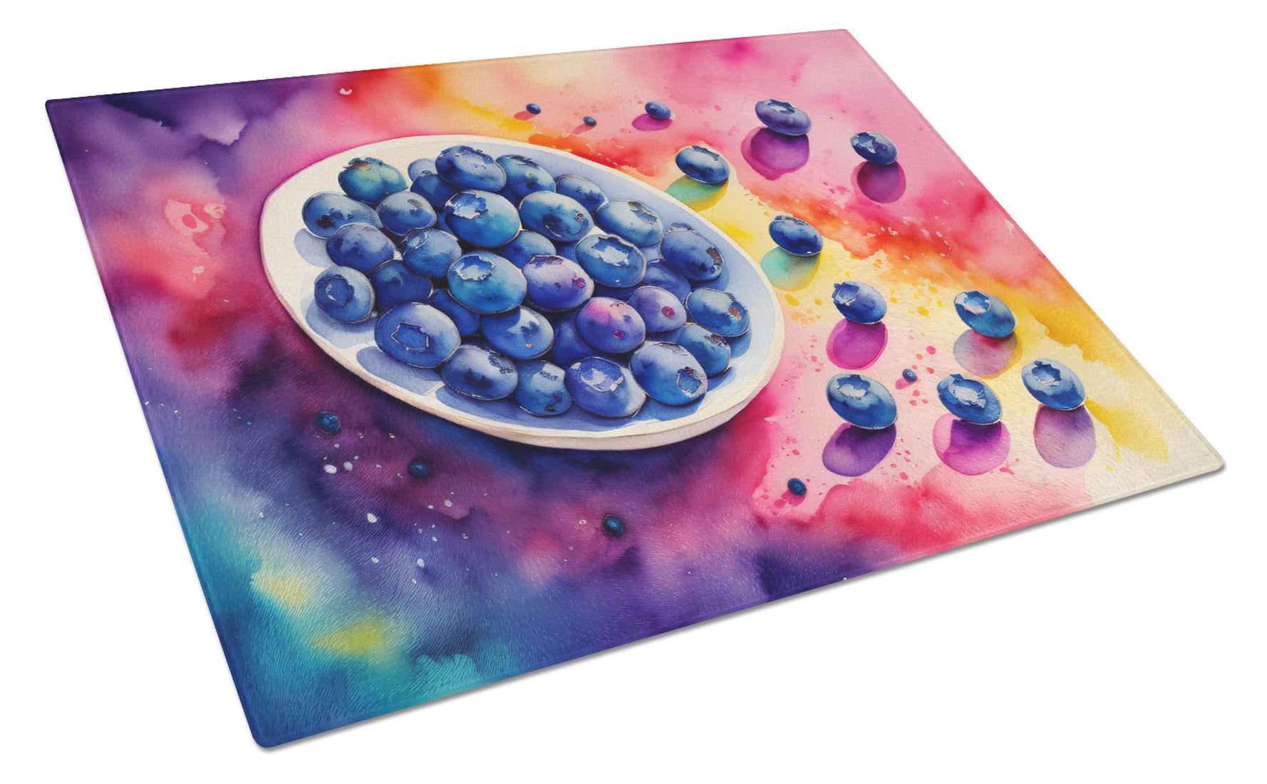 Colorful Blueberries Cutting Board Tempered Glass Kitchen Cutting Surface, Heat Resistant Chopping, Non-Slip Feet, Food Prep & Serving