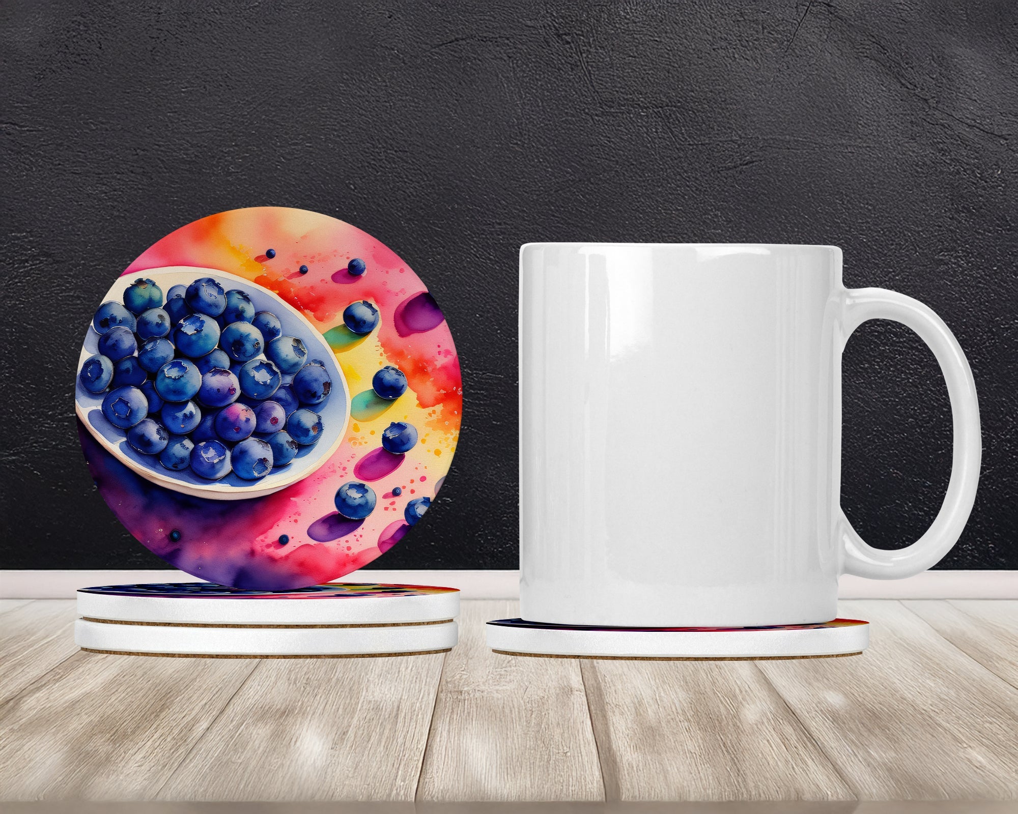 Colorful Blueberries Large Sandstone Coasters Pack of 4 Absorbent Round Coasters Decor Gifts for Men or Women, 4 in, Multicolor