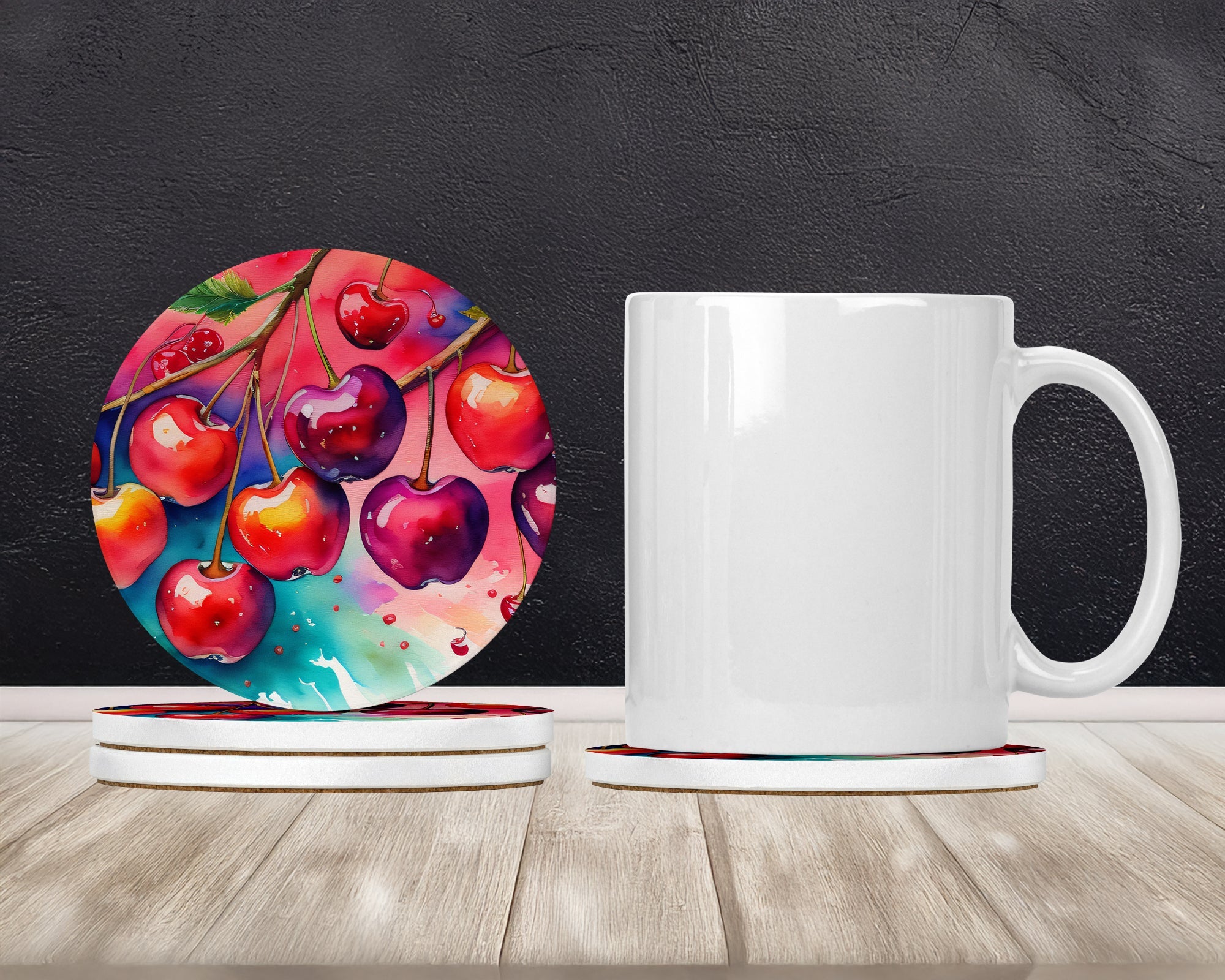 Colorful Cherries Large Sandstone Coasters Pack of 4 Absorbent Round Coasters Decor Gifts for Men or Women, 4 in, Multicolor