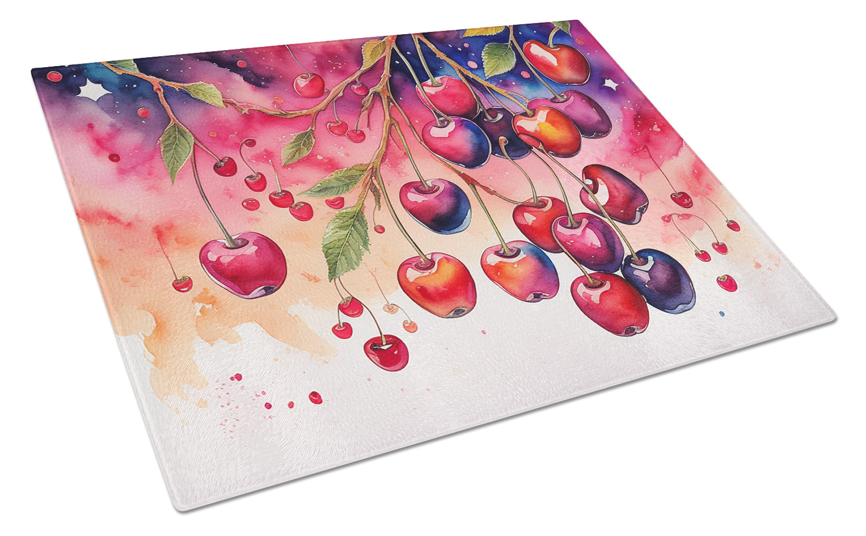 Colorful Cherries Cutting Board Tempered Glass Kitchen Cutting Surface, Heat Resistant Chopping, Non-Slip Feet, Food Prep & Serving