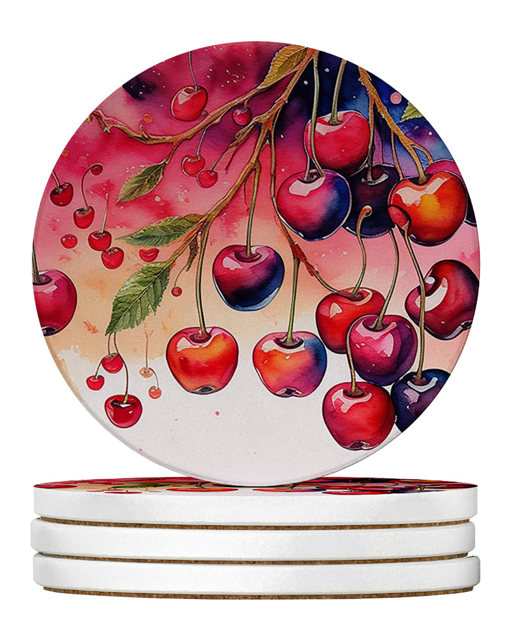 Colorful Cherries Large Sandstone Coasters Pack of 4 Absorbent Round Coasters Decor Gifts for Men or Women, 4 in, Multicolor