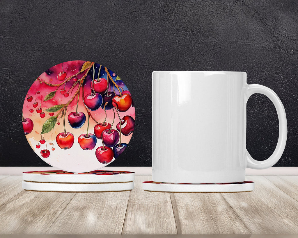 Colorful Cherries Large Sandstone Coasters Pack of 4 Absorbent Round Coasters Decor Gifts for Men or Women, 4 in, Multicolor