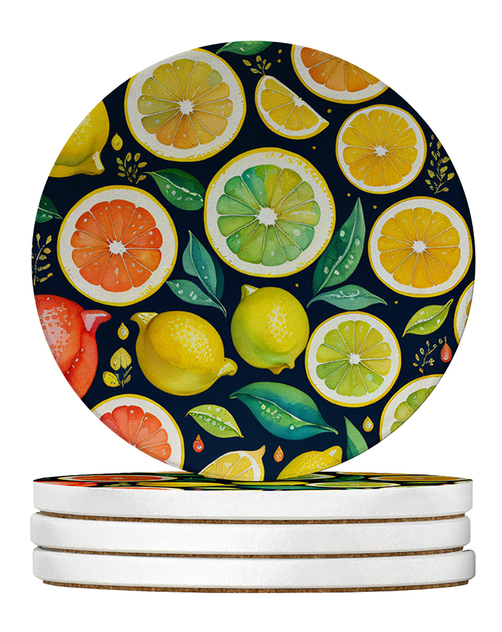 Colorful Lemons Large Sandstone Coasters Pack of 4 Absorbent Round Coasters Decor Gifts for Men or Women, 4 in, Multicolor