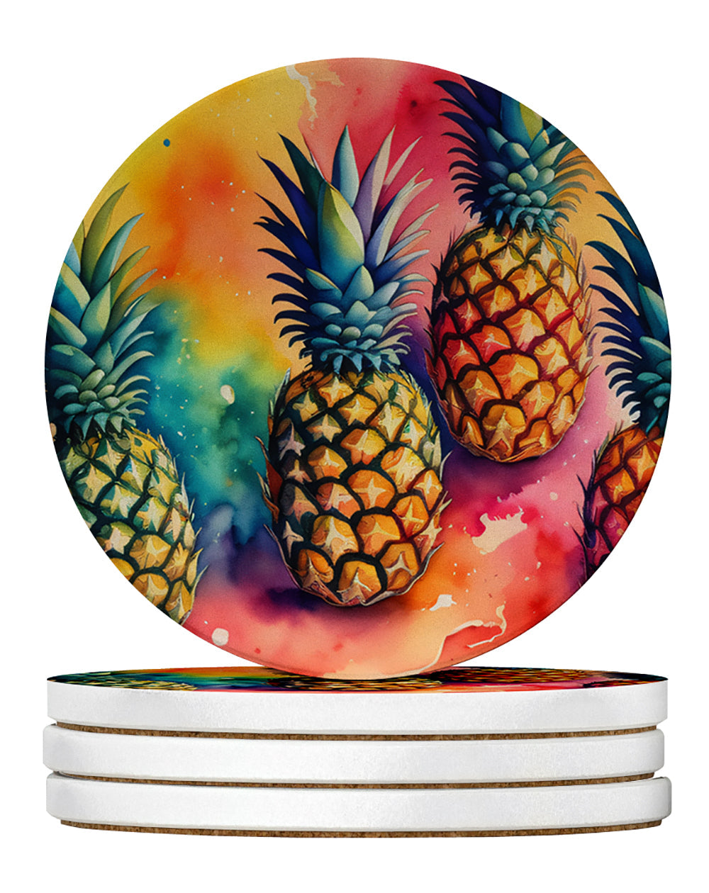 Colorful Pineapples Large Sandstone Coasters Pack of 4 Absorbent Round Coasters Decor Gifts for Men or Women, 4 in, Multicolor