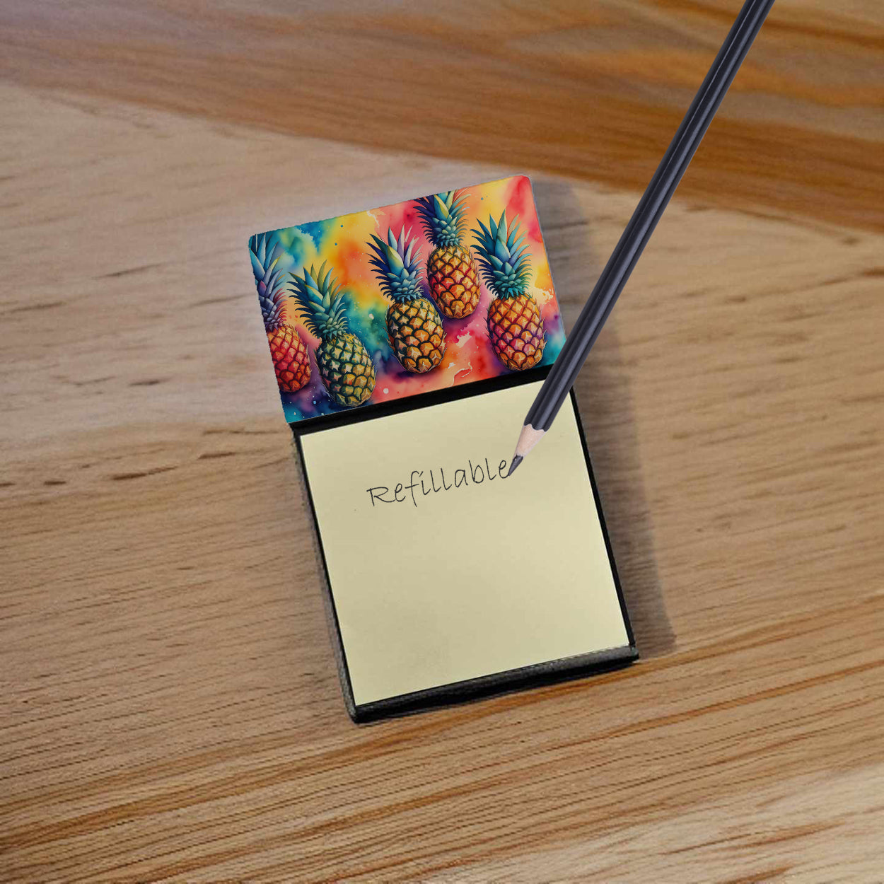 Colorful Pineapples Watercolor Sticky Note Holder Refillable Dispenser Desk Accessory 3x3 Pad Gift