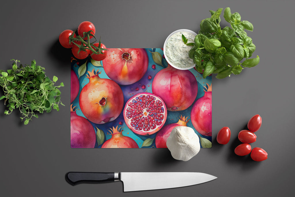 Colorful Pomegranates Cutting Board Tempered Glass Kitchen Cutting Surface, Heat Resistant Chopping, Non-Slip Feet, Food Prep & Serving
