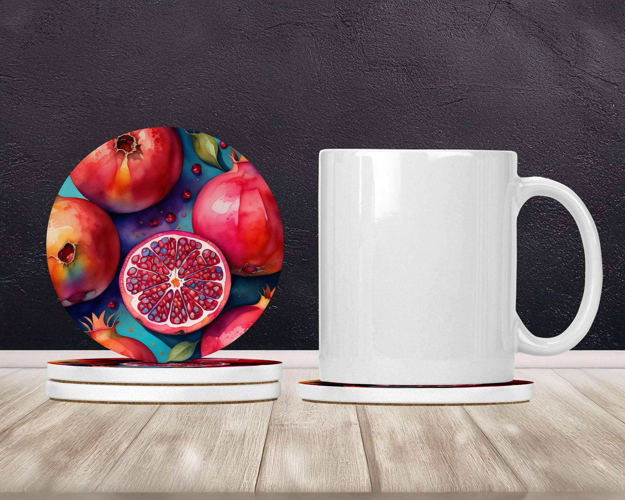 Colorful Pomegranates Large Sandstone Coasters Pack of 4 Absorbent Round Coasters Decor Gifts for Men or Women, 4 in, Multicolor
