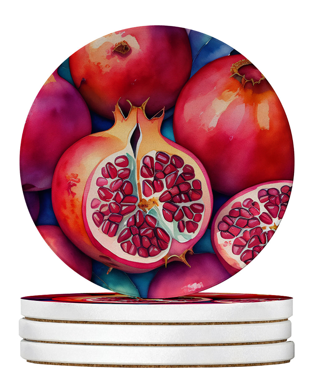 Colorful Pomegranates Large Sandstone Coasters Pack of 4 Absorbent Round Coasters Decor Gifts for Men or Women, 4 in, Multicolor