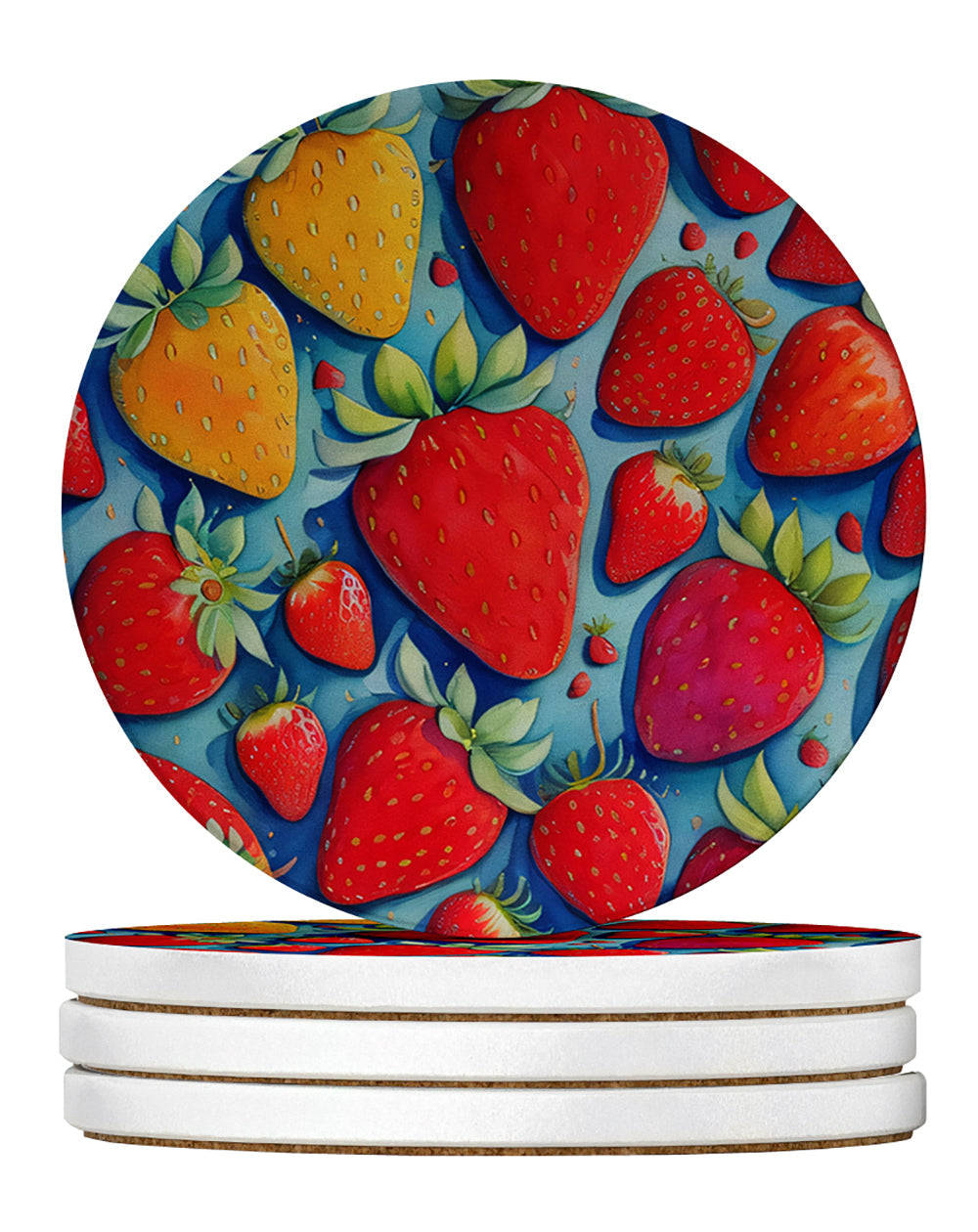 Colorful Strawberries Large Sandstone Coasters Pack of 4 Absorbent Round Coasters Decor Gifts for Men or Women, 4 in, Multicolor