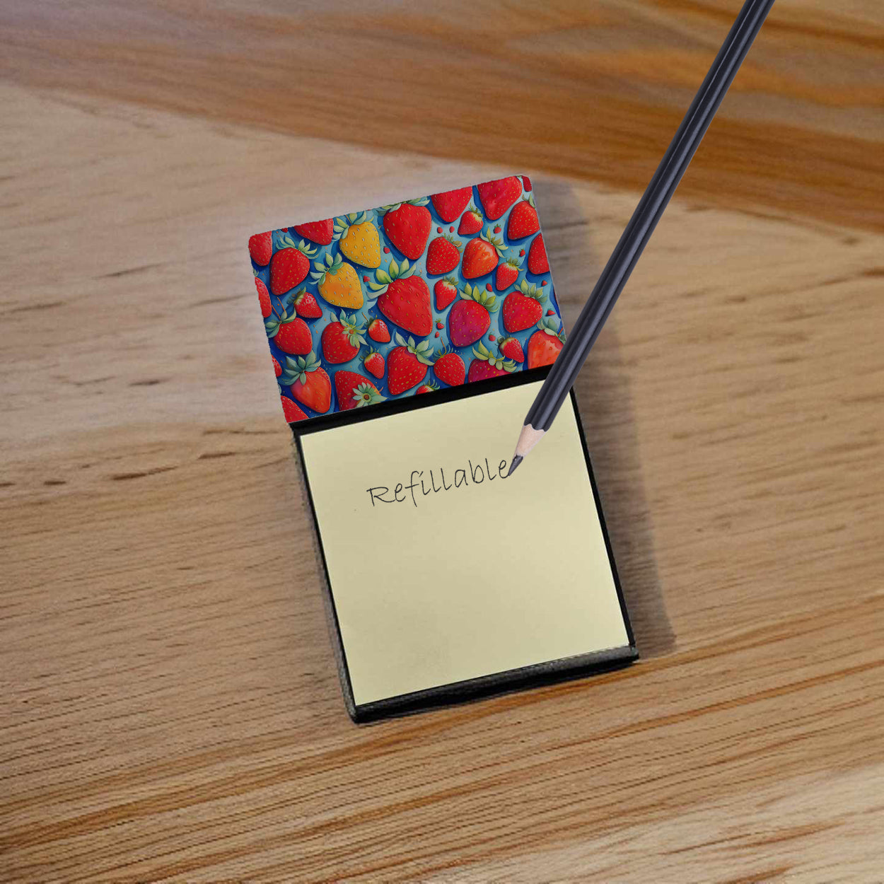 Colorful Strawberries Watercolor Sticky Note Holder Refillable Dispenser Desk Accessory 3x3 Pad Gift