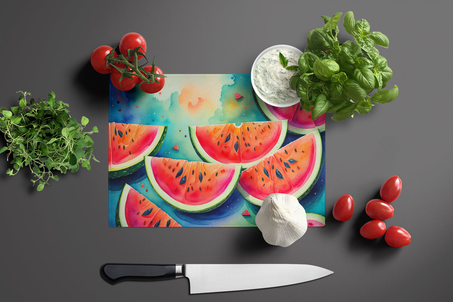 Colorful Watermelons Cutting Board Tempered Glass Kitchen Cutting Surface, Heat Resistant Chopping, Non-Slip Feet, Food Prep & Serving