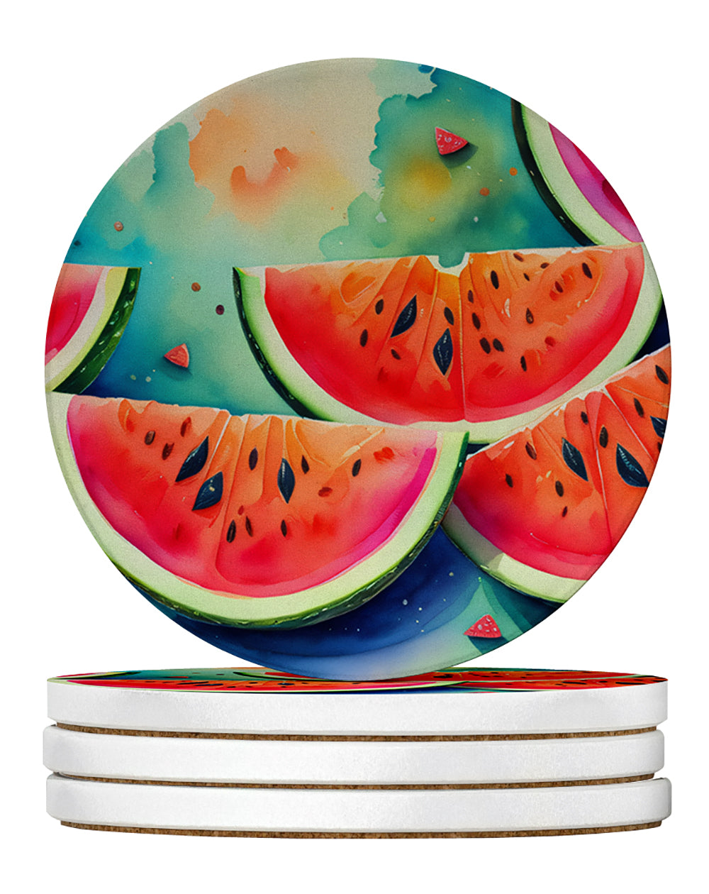 Colorful Watermelons Large Sandstone Coasters Pack of 4 Absorbent Round Coasters Decor Gifts for Men or Women, 4 in, Multicolor