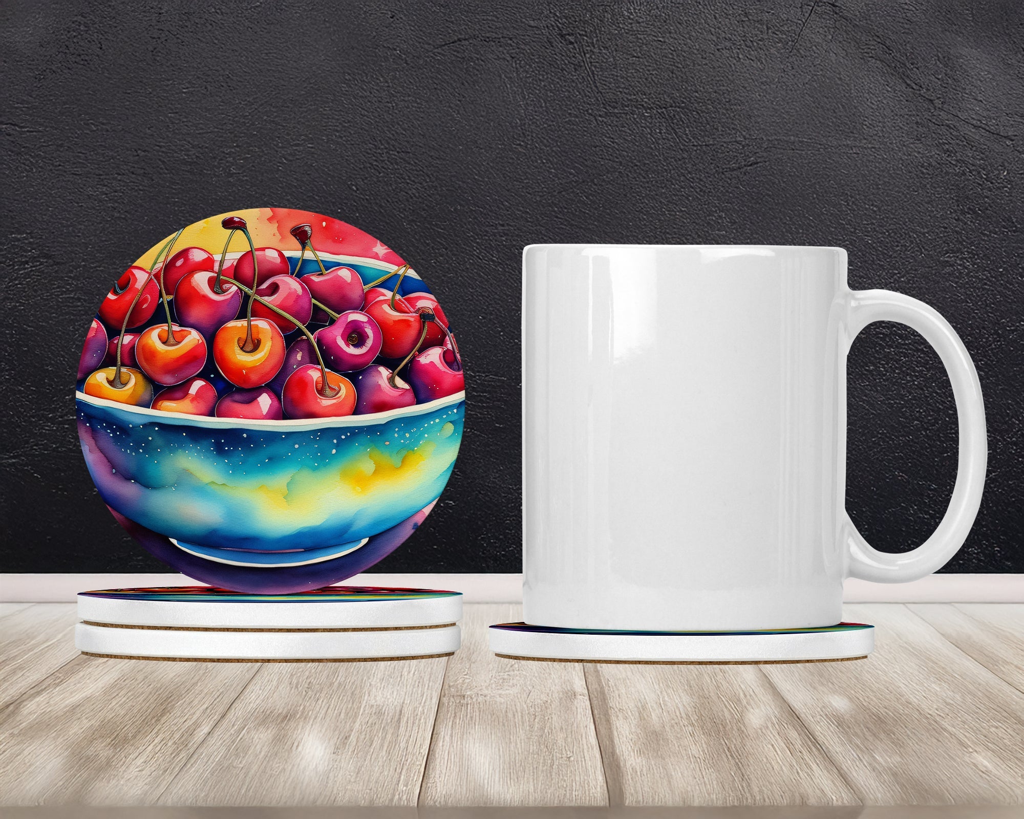 Colorful Cherries Large Sandstone Coasters Pack of 4 Absorbent Round Coasters Decor Gifts for Men or Women, 4 in, Multicolor