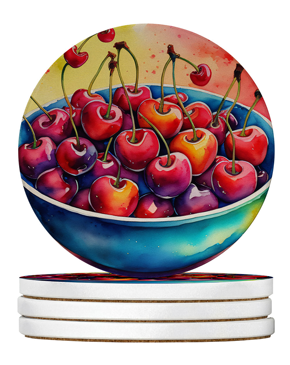 Colorful Cherries Large Sandstone Coasters Pack of 4 Absorbent Round Coasters Decor Gifts for Men or Women, 4 in, Multicolor
