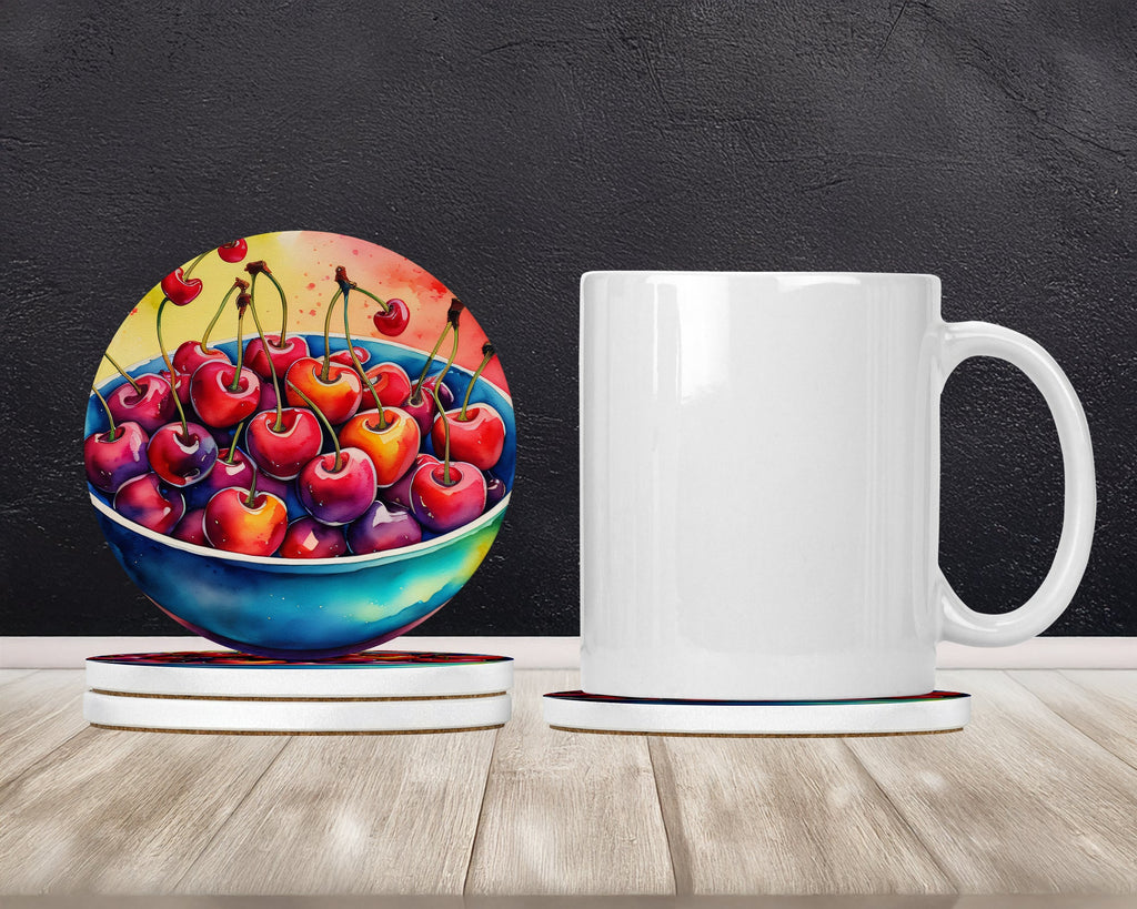 Colorful Cherries Large Sandstone Coasters Pack of 4 Absorbent Round Coasters Decor Gifts for Men or Women, 4 in, Multicolor