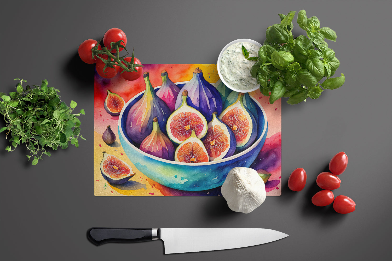 Colorful Figs Cutting Board Tempered Glass Kitchen Cutting Surface, Heat Resistant Chopping, Non-Slip Feet, Food Prep & Serving