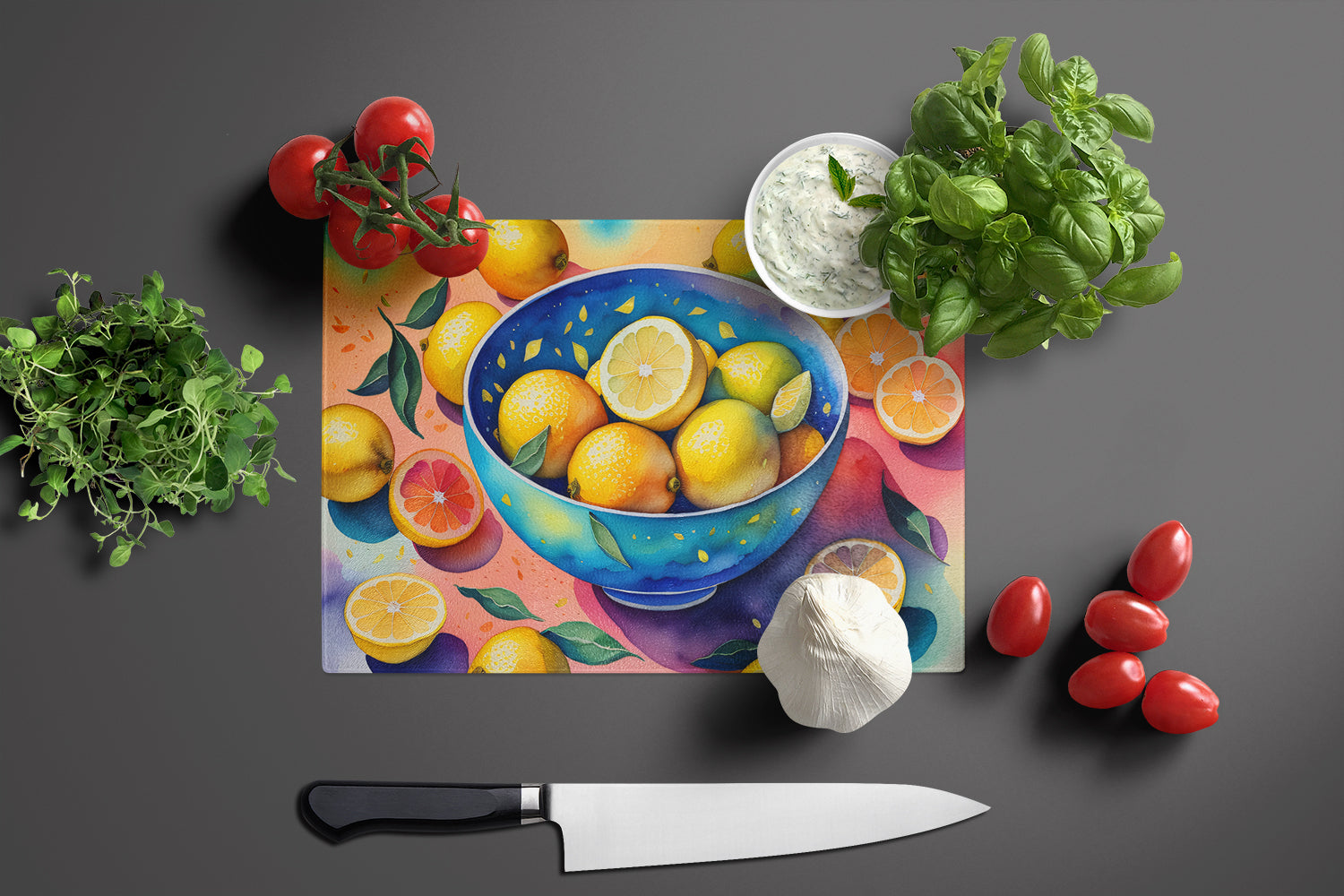 Colorful Lemons Cutting Board Tempered Glass Kitchen Cutting Surface, Heat Resistant Chopping, Non-Slip Feet, Food Prep & Serving