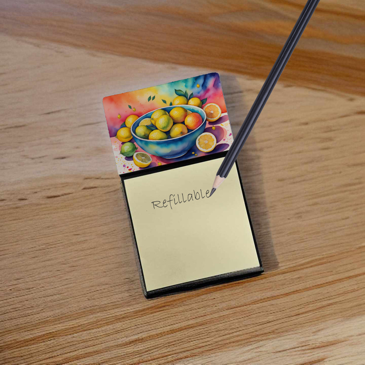 Colorful Lemons Watercolor Sticky Note Holder Refillable Dispenser Desk Accessory 3x3 Pad Gift