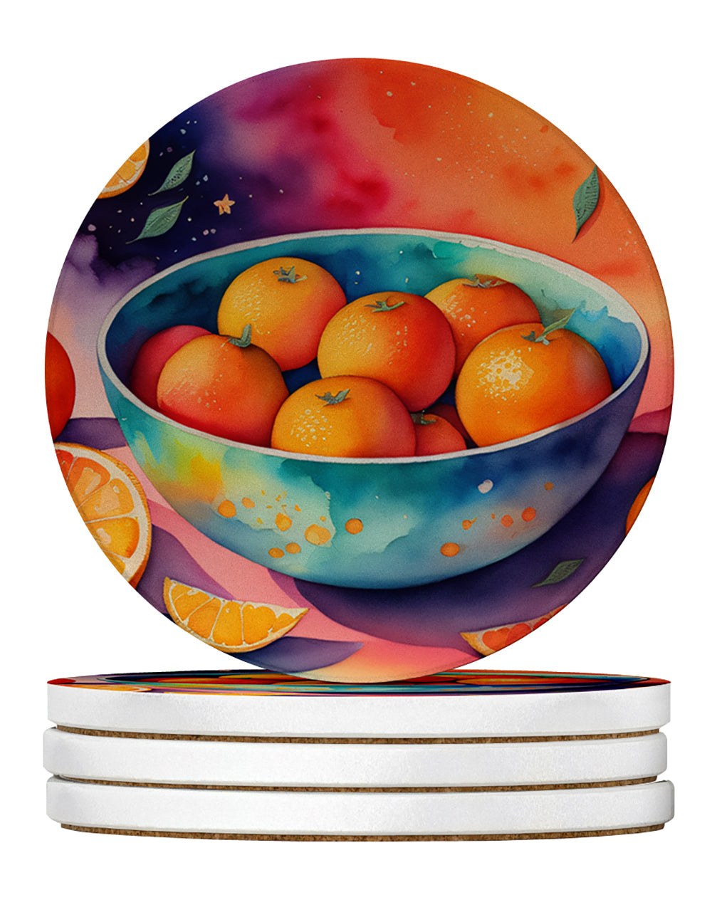 Colorful Oranges Large Sandstone Coasters Pack of 4 Absorbent Round Coasters Decor Gifts for Men or Women, 4 in, Multicolor