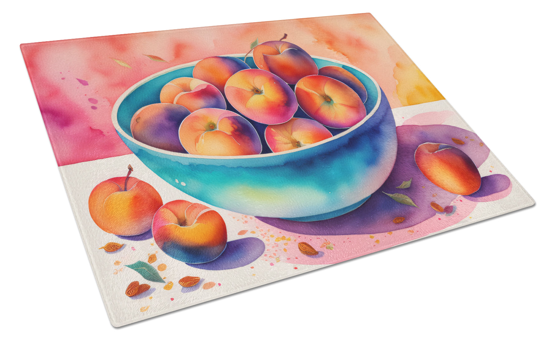 Colorful Peaches Cutting Board Tempered Glass Kitchen Cutting Surface, Heat Resistant Chopping, Non-Slip Feet, Food Prep & Serving