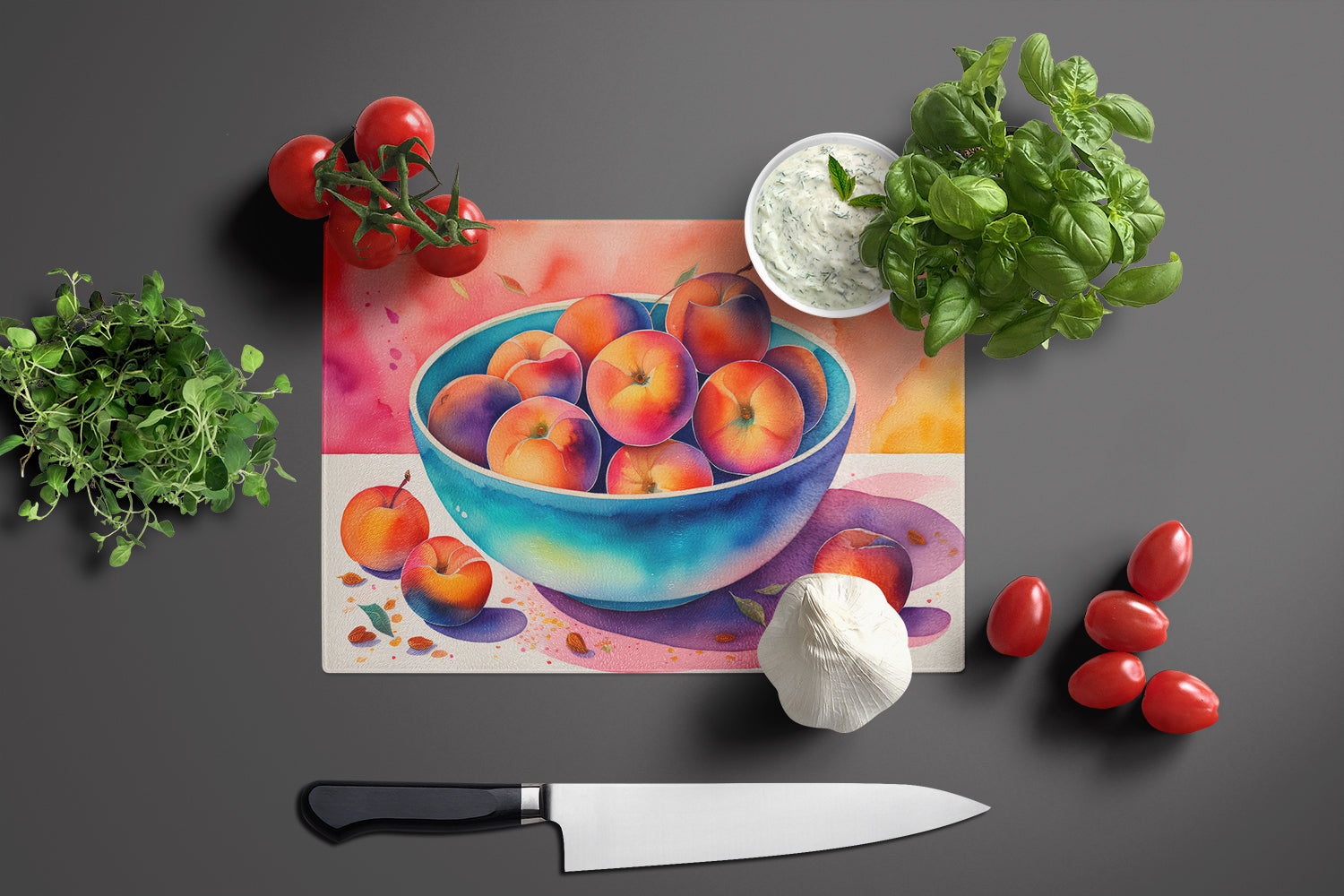 Colorful Peaches Cutting Board Tempered Glass Kitchen Cutting Surface, Heat Resistant Chopping, Non-Slip Feet, Food Prep & Serving