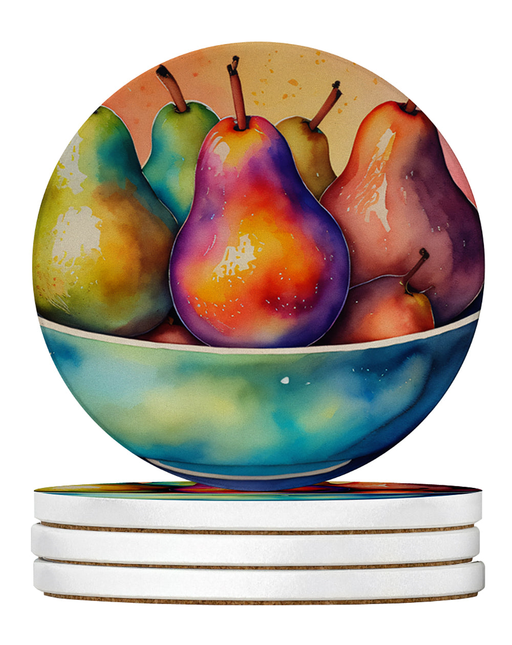 Colorful Pears Large Sandstone Coasters Pack of 4 Absorbent Round Coasters Decor Gifts for Men or Women, 4 in, Multicolor