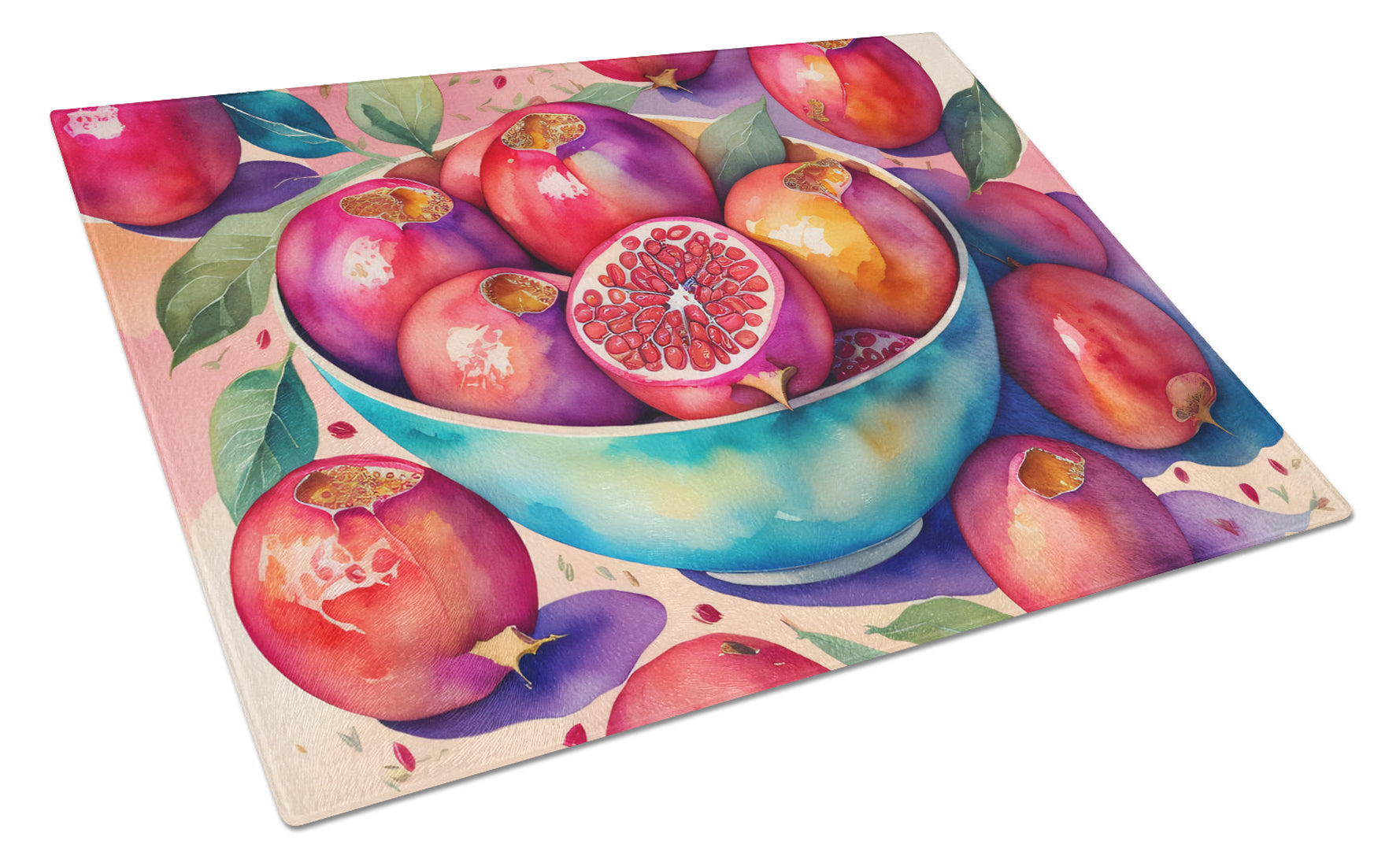 Colorful Pomegranates Cutting Board Tempered Glass Kitchen Cutting Surface, Heat Resistant Chopping, Non-Slip Feet, Food Prep & Serving