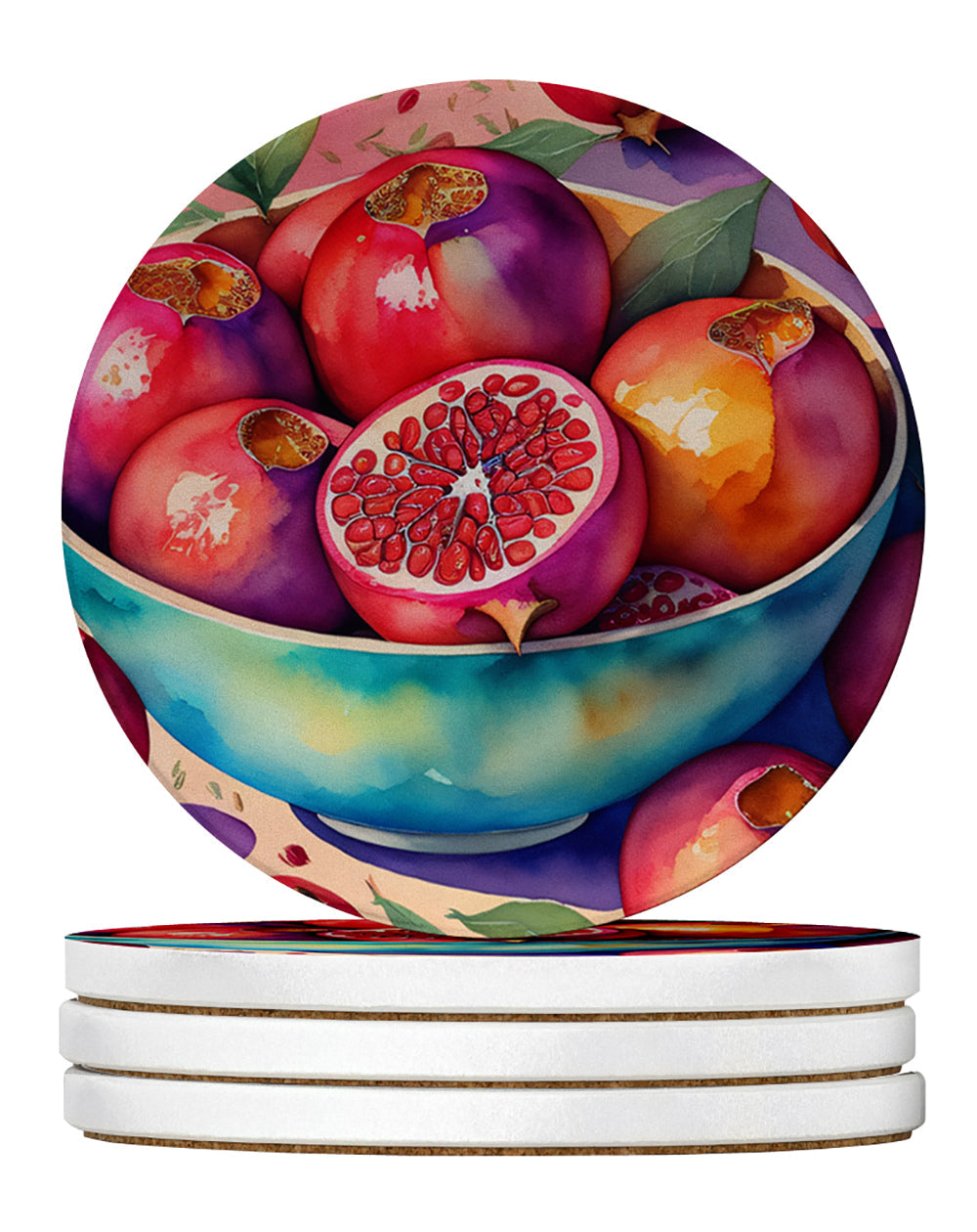 Colorful Pomegranates Large Sandstone Coasters Pack of 4 Absorbent Round Coasters Decor Gifts for Men or Women, 4 in, Multicolor