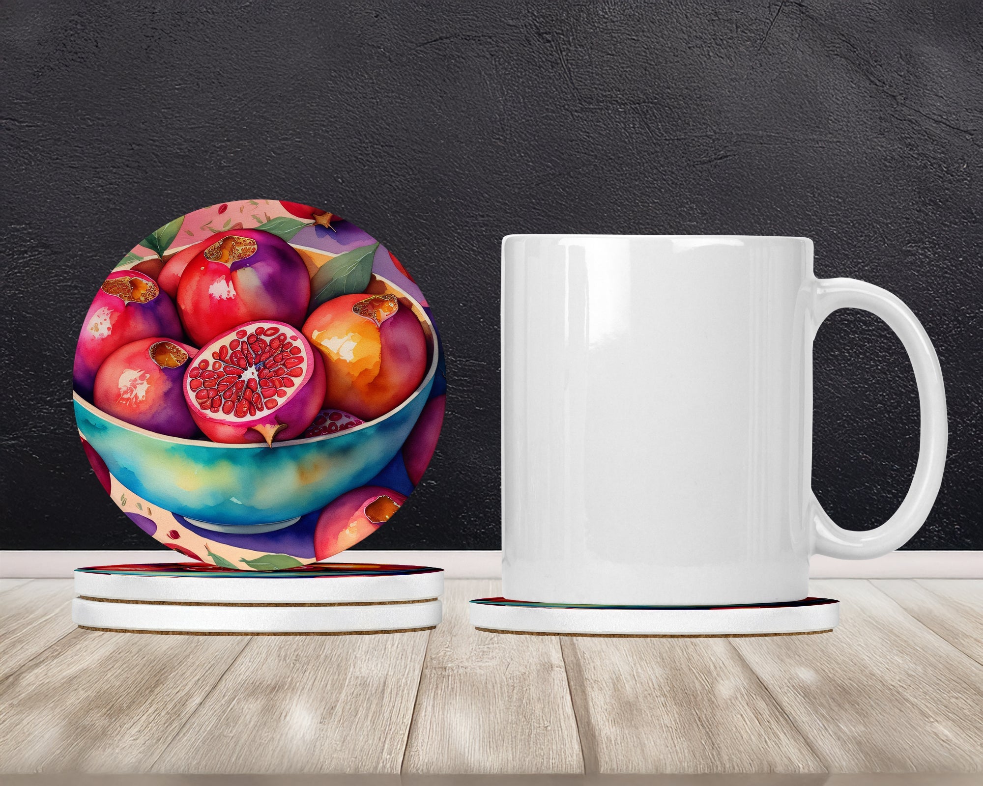 Colorful Pomegranates Large Sandstone Coasters Pack of 4 Absorbent Round Coasters Decor Gifts for Men or Women, 4 in, Multicolor
