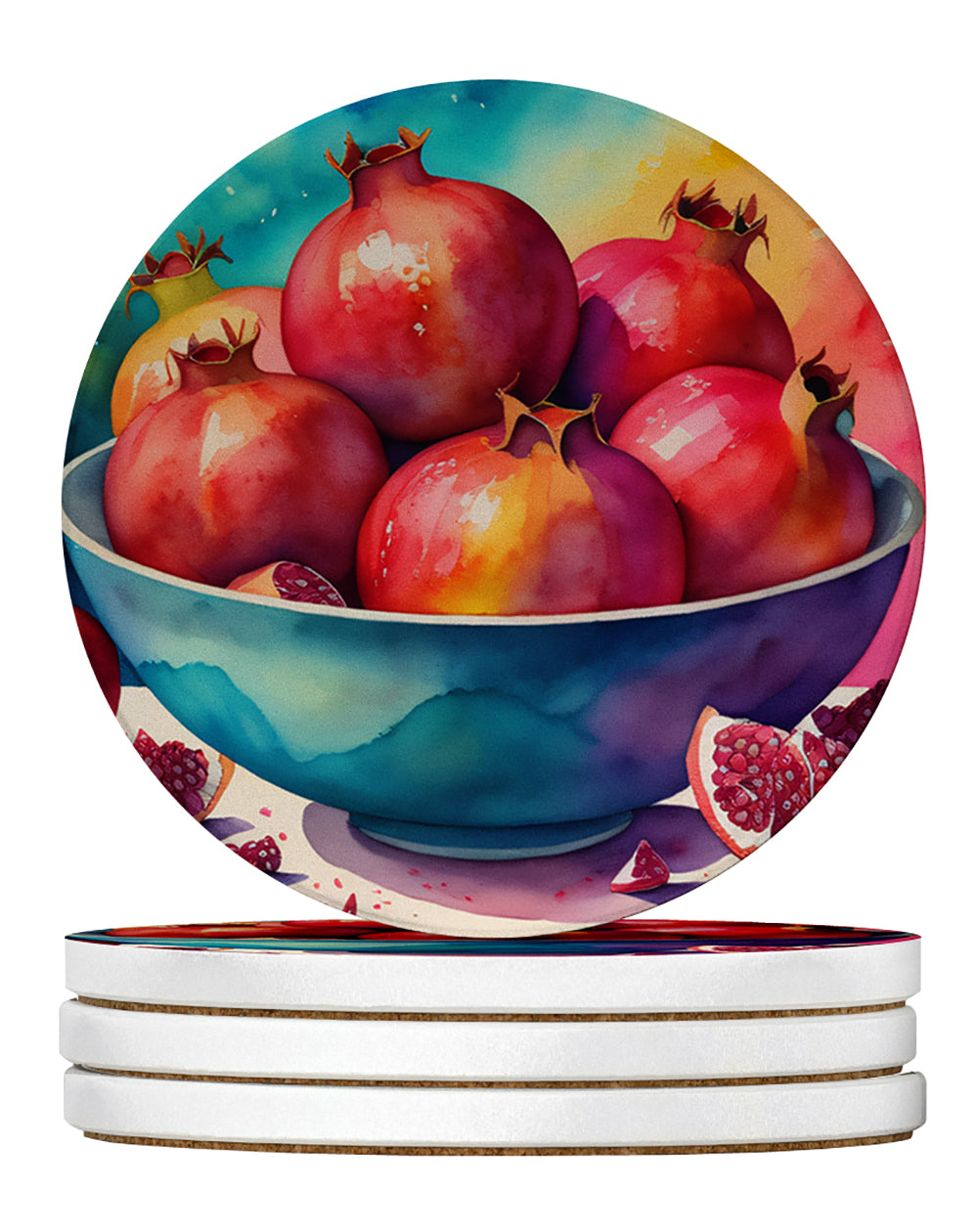 Colorful Pomegranates Large Sandstone Coasters Pack of 4 Absorbent Round Coasters Decor Gifts for Men or Women, 4 in, Multicolor