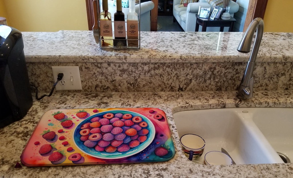 Colorful Raspberries Dish Drying Mat Absorbent Dish Drying Mat Pad for Kitchen Counter Dish Drainer Mat for Countertop, 14 x 21", Multicolor