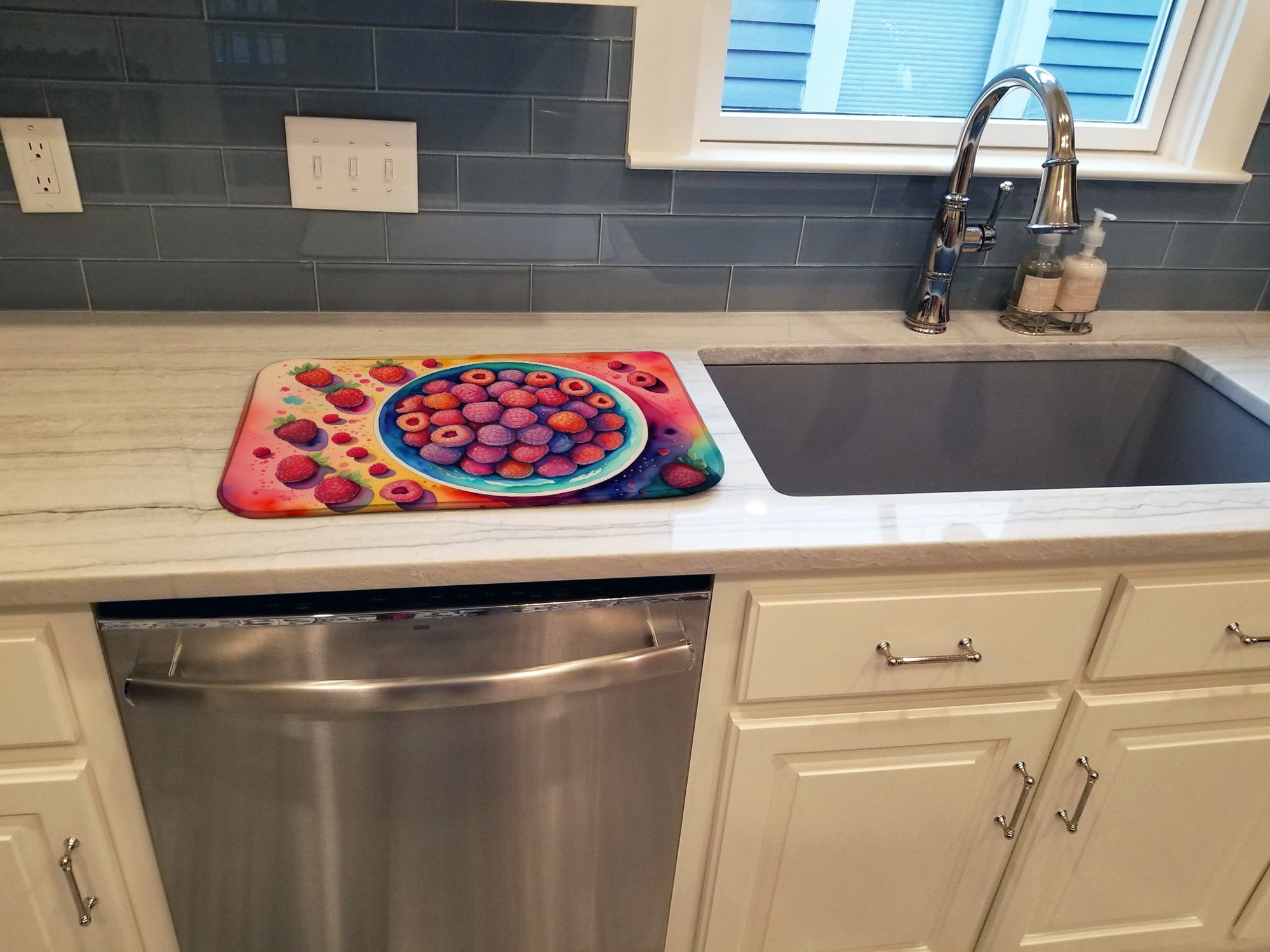 Colorful Raspberries Dish Drying Mat Absorbent Dish Drying Mat Pad for Kitchen Counter Dish Drainer Mat for Countertop, 14 x 21", Multicolor
