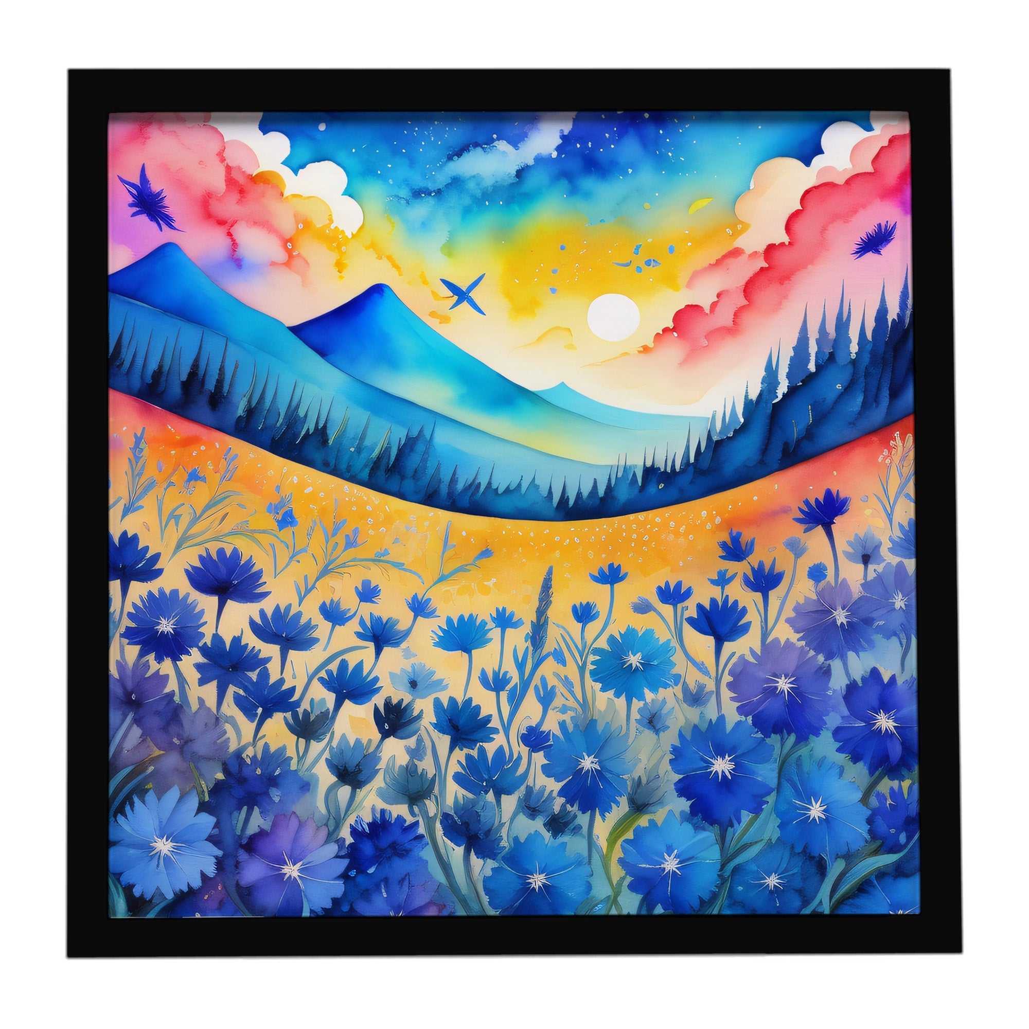 Colorful Blue Cornflowers Framed Metal Print Bathroom, Kitchen, Office, Home Decor Wall Art Ready to Hang, Square, 8X8