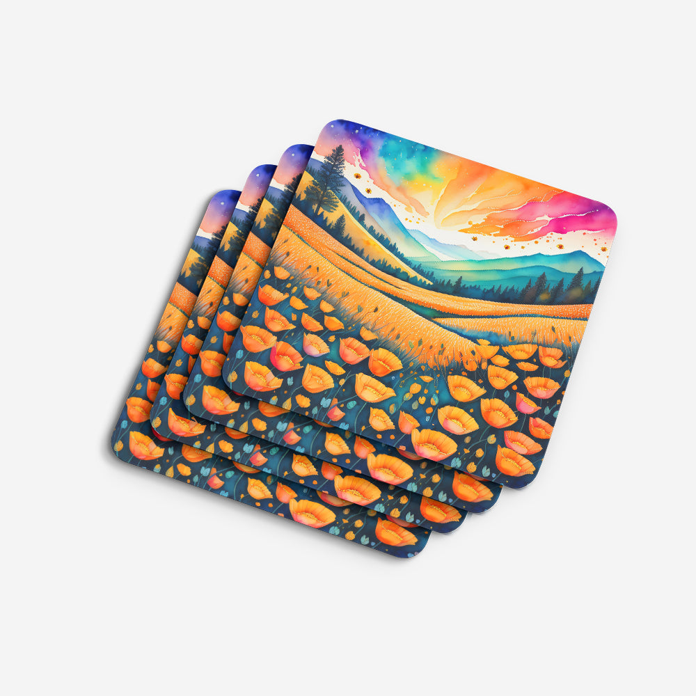 Colorful California poppies Foam Coasters Set of 4 Cup Coasters for Indoor Outdoor, Tabletop Protection, Anti Slip, Mouse pad Material