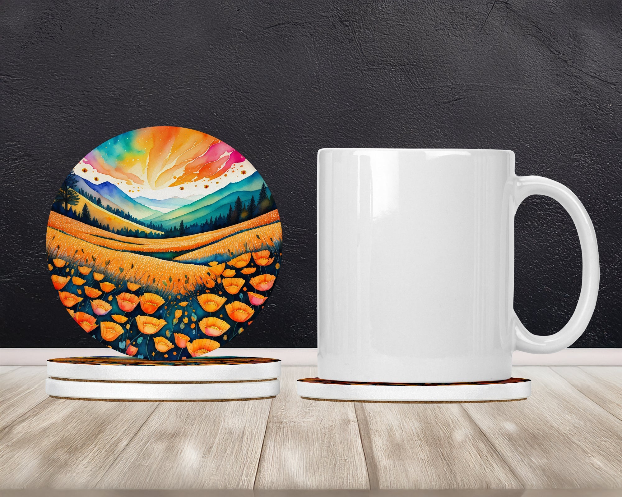 Colorful California poppies Large Sandstone Coasters Pack of 4 Absorbent Round Coasters Decor Gifts for Men or Women, 4 in, Multicolor