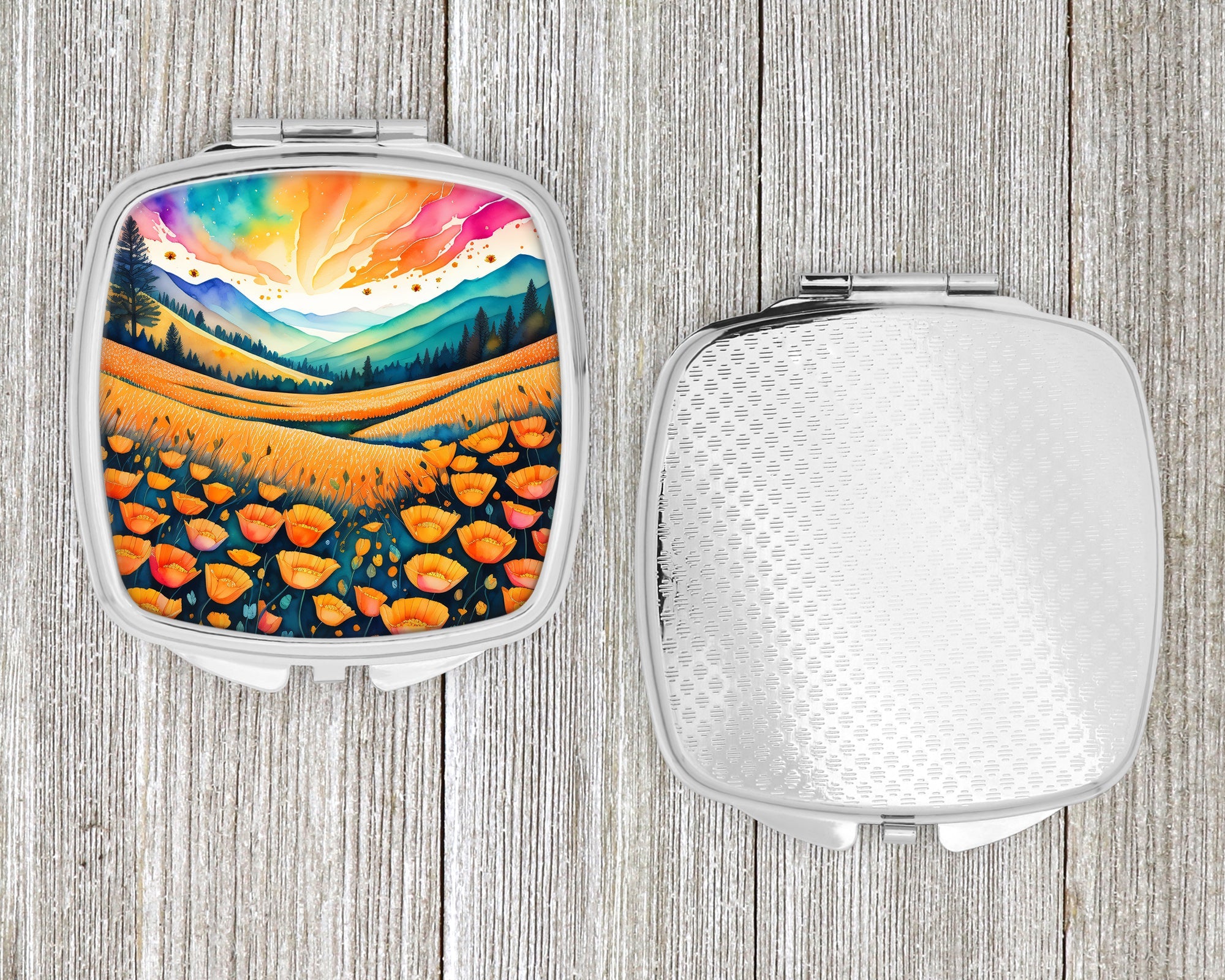 Colorful California poppies Compact Mirror Decorative Travel Makeup Mirror for Women Girls Gifts Pocket Makeup Mirror Folding Handheld