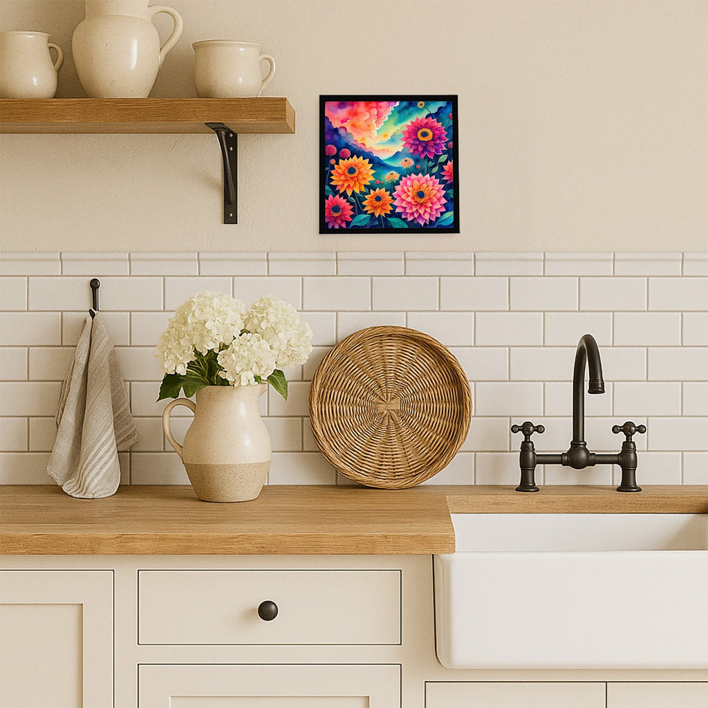 Colorful Dahlias Framed Metal Print Bathroom, Kitchen, Office, Home Decor Wall Art Ready to Hang, Square, 8X8