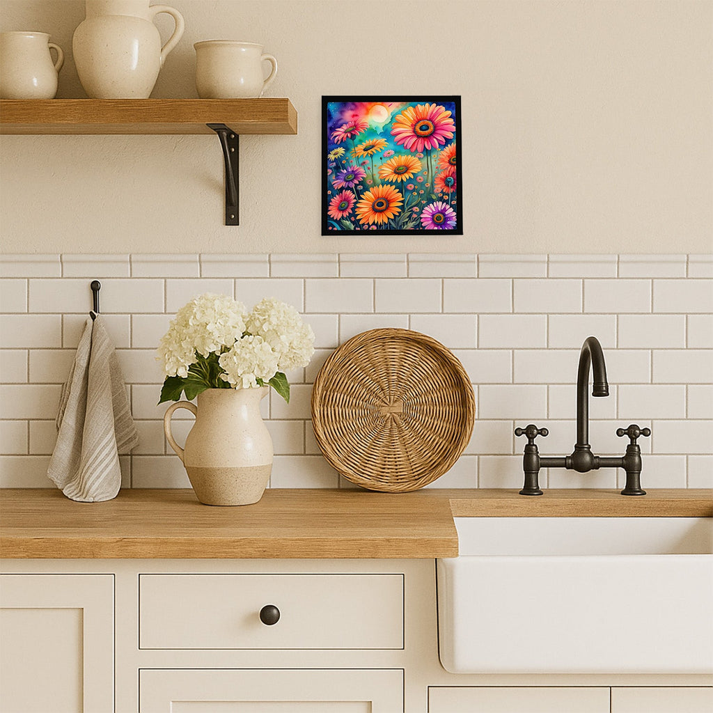 Colorful Gerbera Daisies Framed Metal Print Bathroom, Kitchen, Office, Home Decor Wall Art Ready to Hang, Square, 8X8
